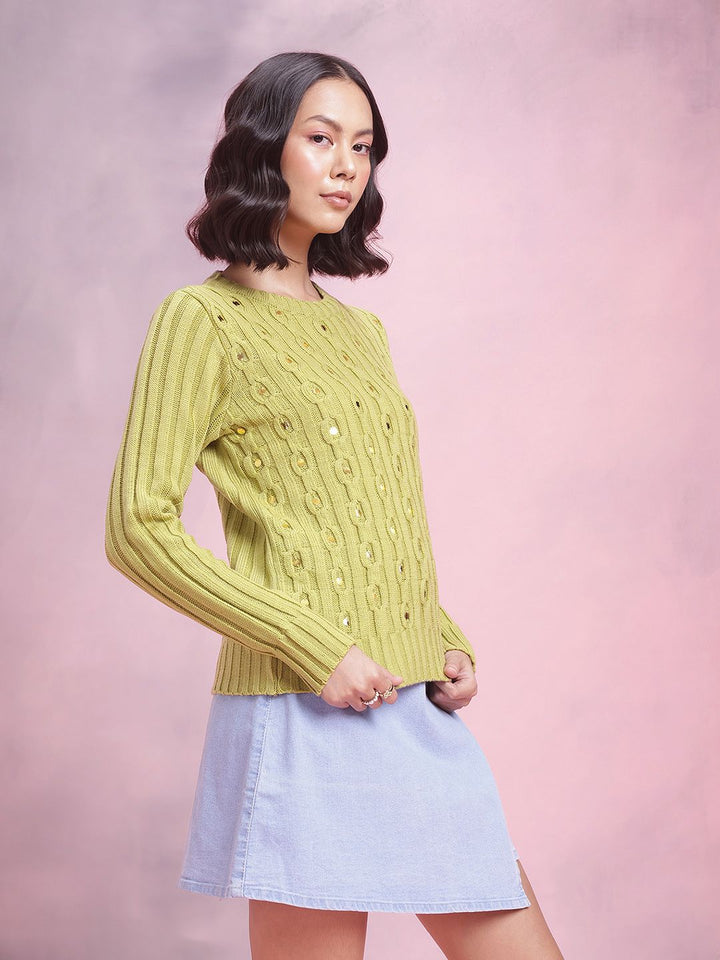 DressBerry Acrylic Cable Knit Pullover with Embellished Detail