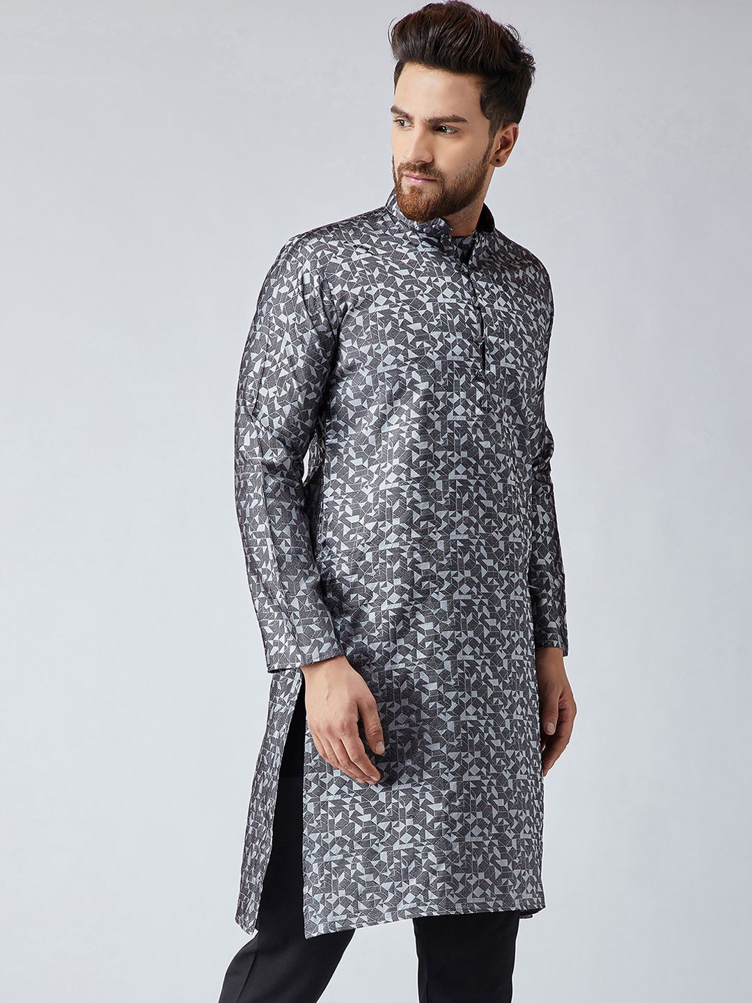 SOJANYA Men Grey Woven Design Straight Kurta