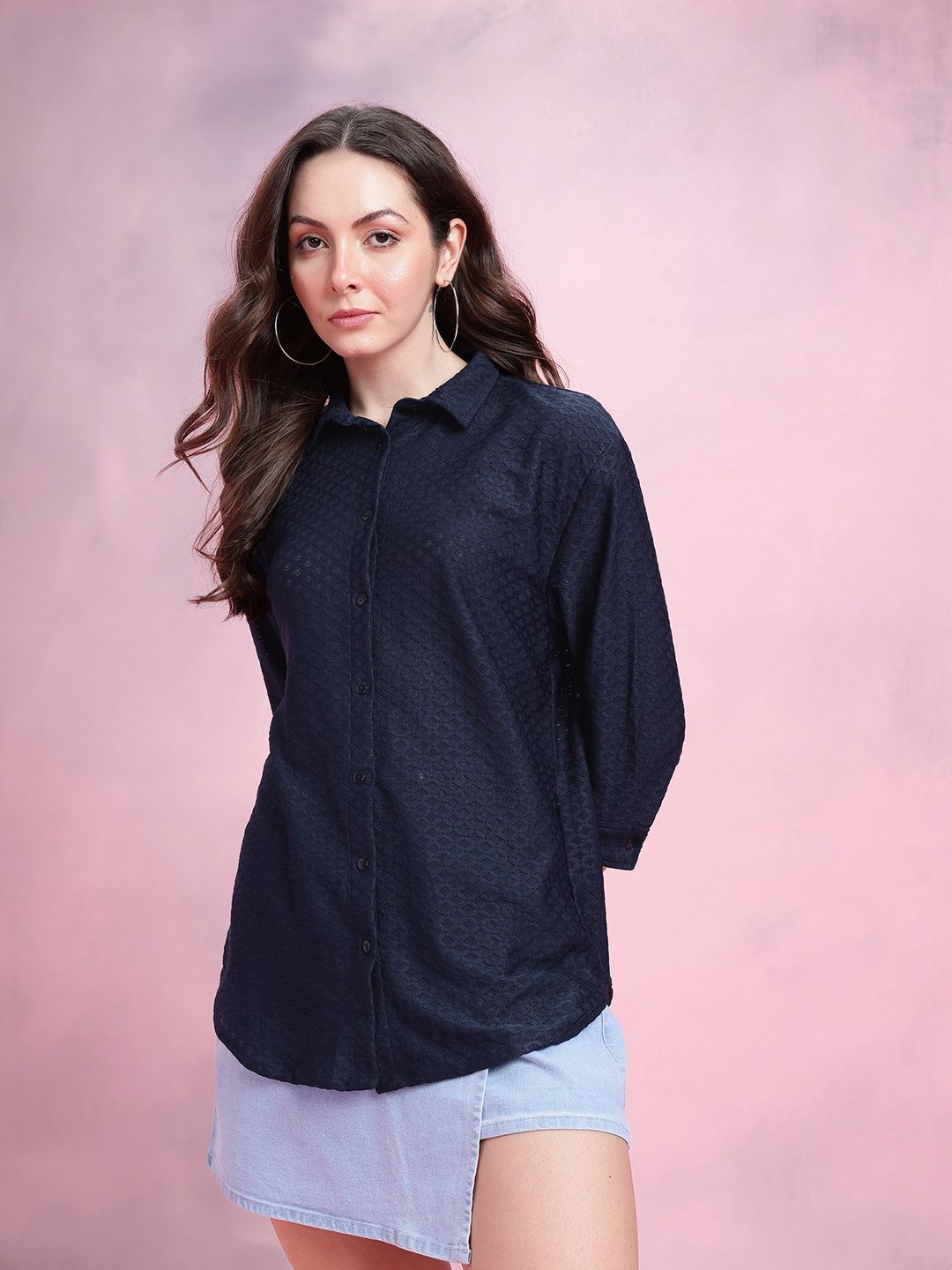 DressBerry Self-Design Semi-Sheer Longline Shirt