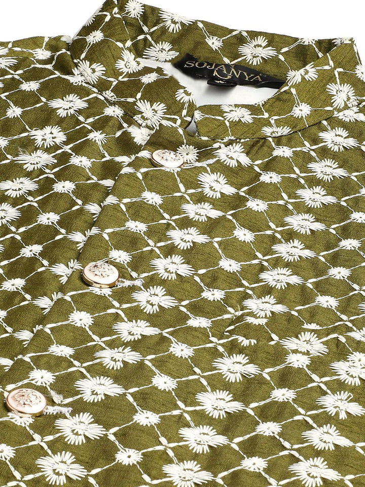 SOJANYA Set Kurta Sulam Lelaki Motif Etnik Hijau Dengan Jaket Nehru