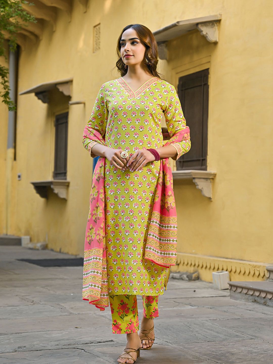 KALINI Floral Printed Straight Kurta with Trousers & Dupatta