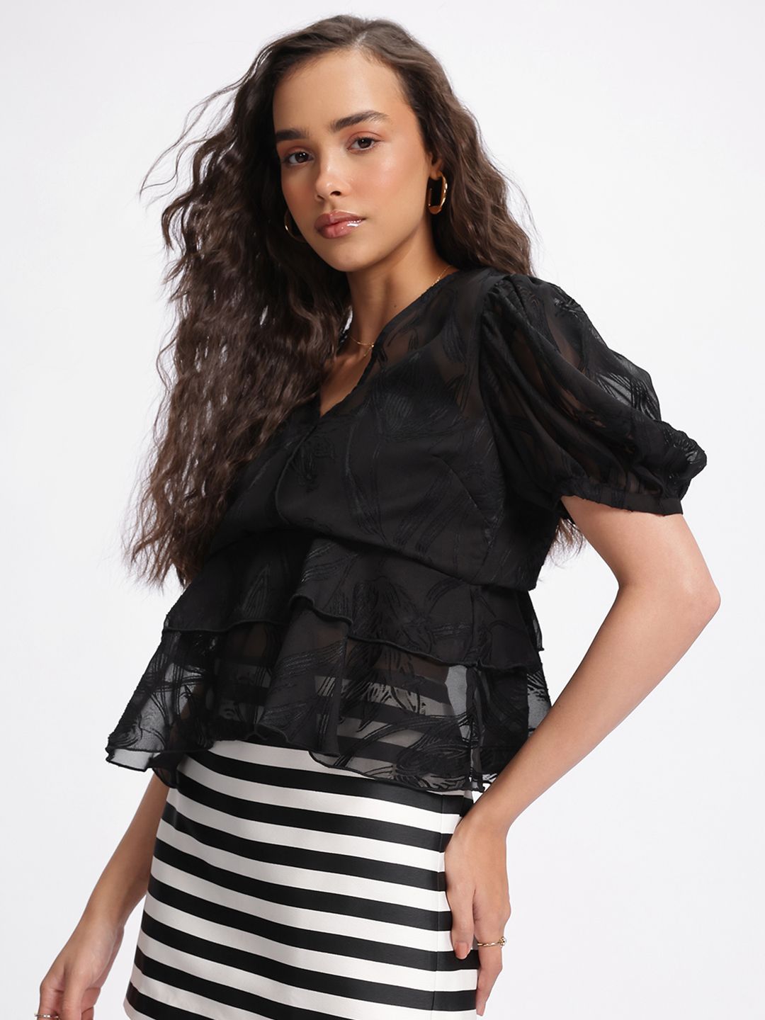 DressBerry Floral V-Neck Semi Sheer Crop Top