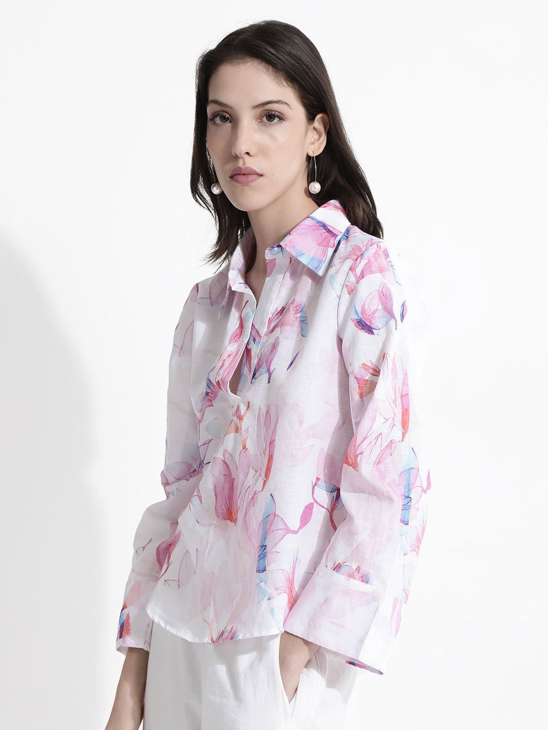 RAREISM Floral Printed Shirt Collar Cotton Top