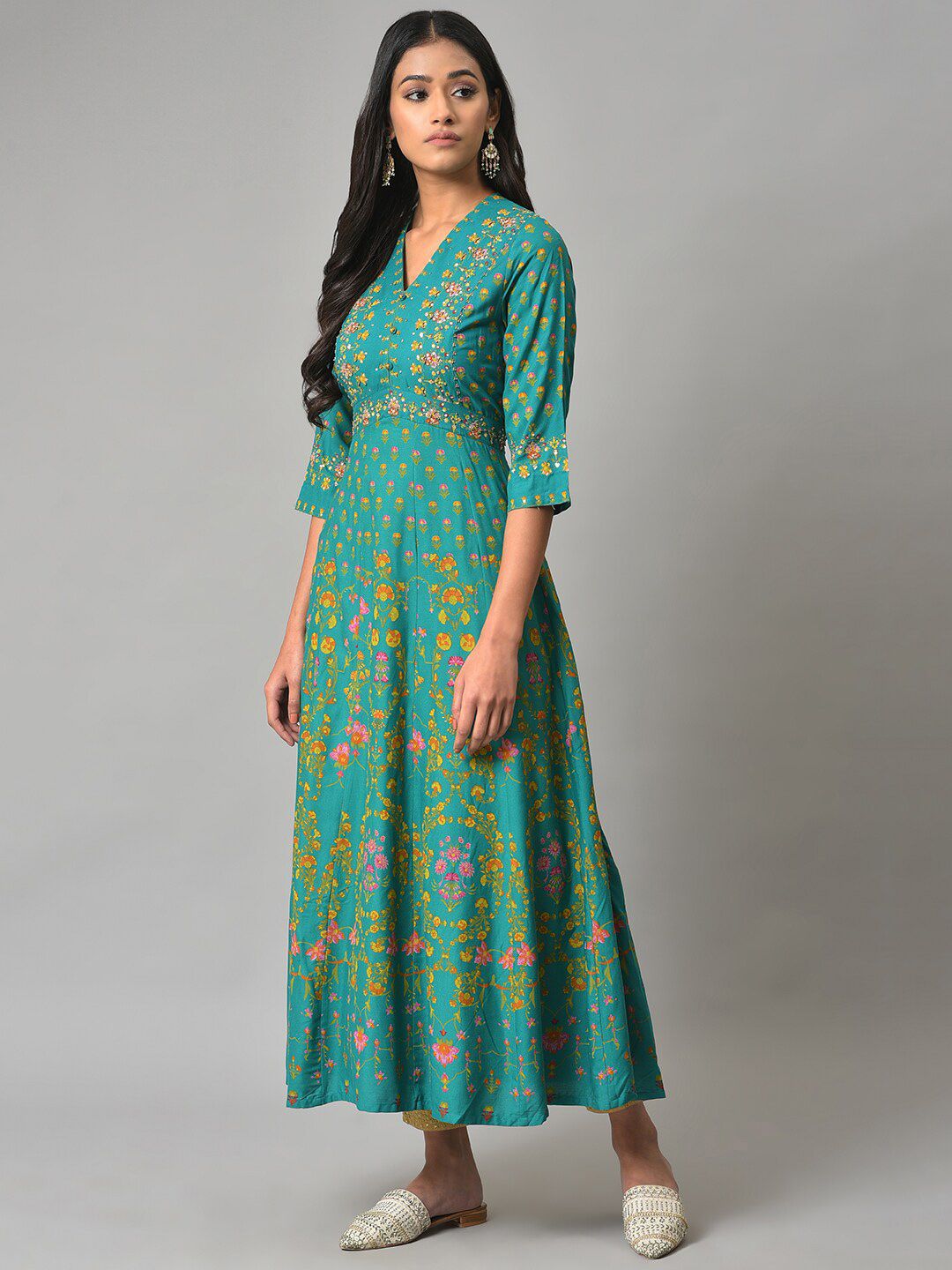 W Green Floral Printed Ethnic Maxi Ethnic Dress