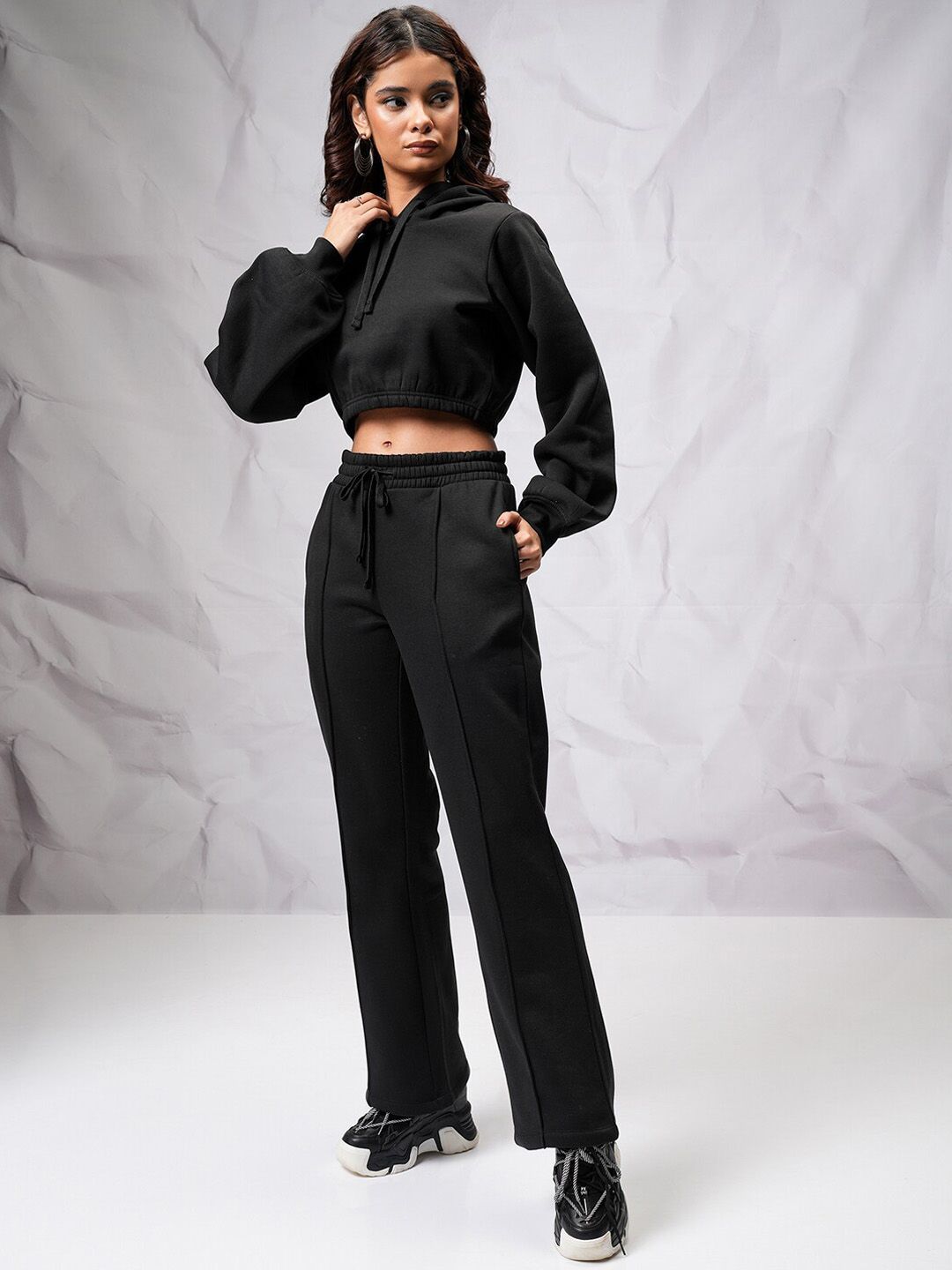 Tokyo Talkies Crop Hooded Sweatshirt with Wide Leg Trousers