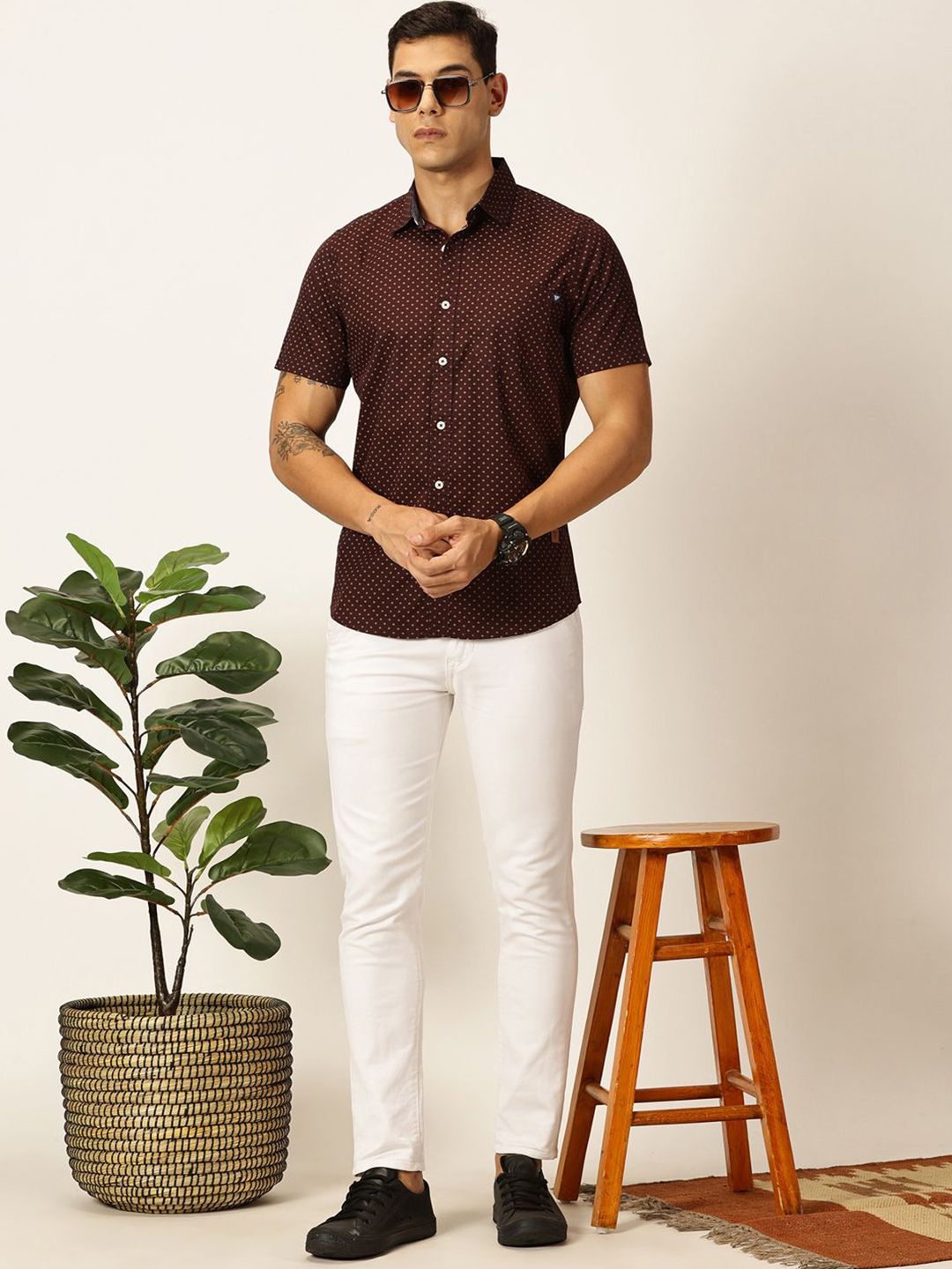 Thomas Scott Men Premium Spread Collar Micro Ditsy Printed Cotton Slim Fit Casual Shirt