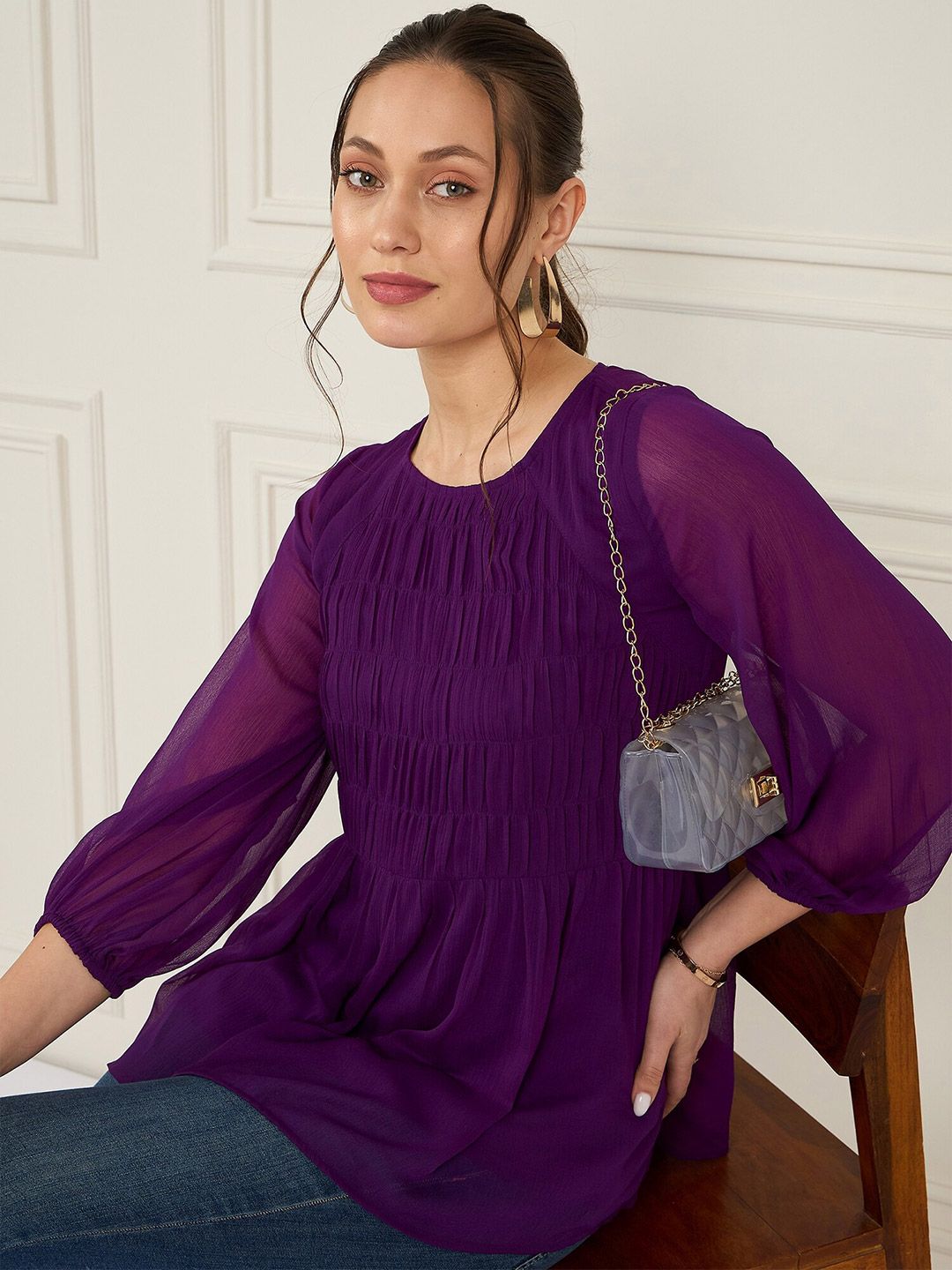 Antheaa Puff Sleeves Chiffon Top