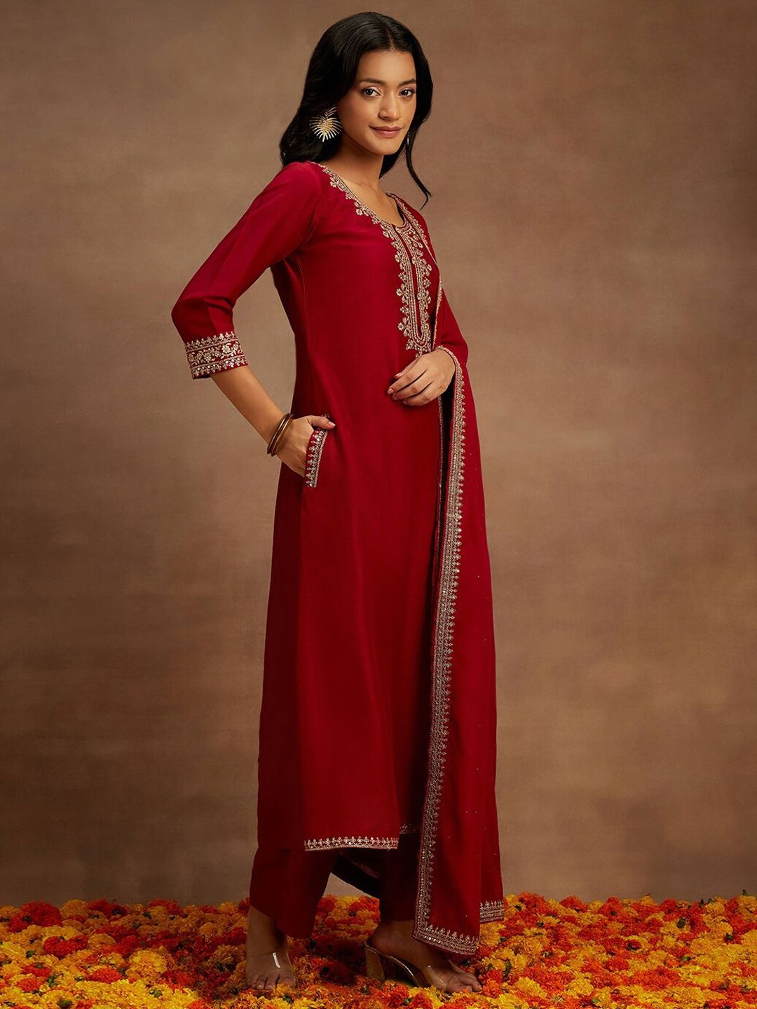 Libas Yoke Design Sequinned A-Line Kurta with Trousers & With Dupatta