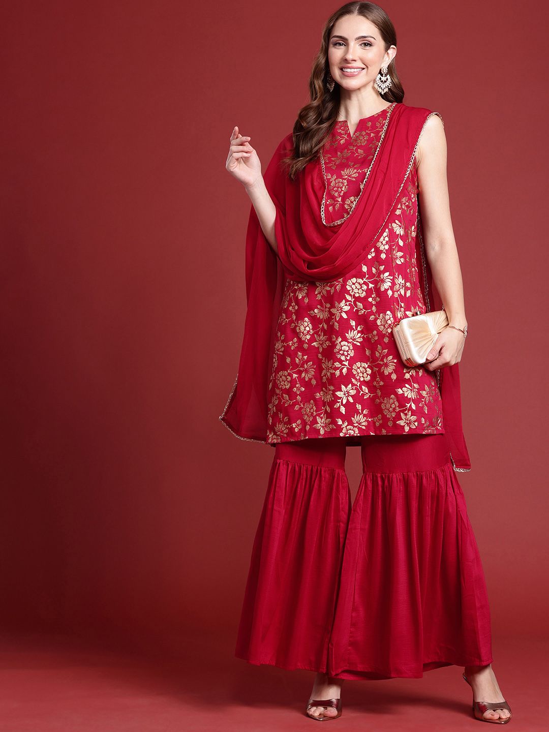 Anouk Indie Floral Printed Kurta With Sharara & With Dupatta