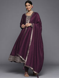 Libas Women Burgundy Floral Motifs Embroidered Sequinned Kurta with Churidar & Dupatta