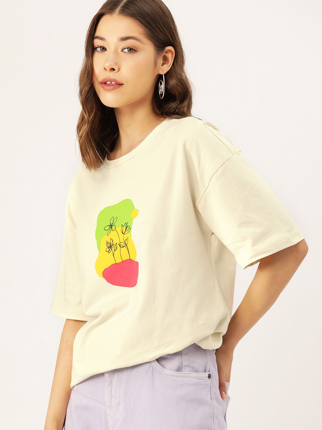 DressBerry Pure Cotton Printed Drop-Shoulder Sleeves Longline T-shirt