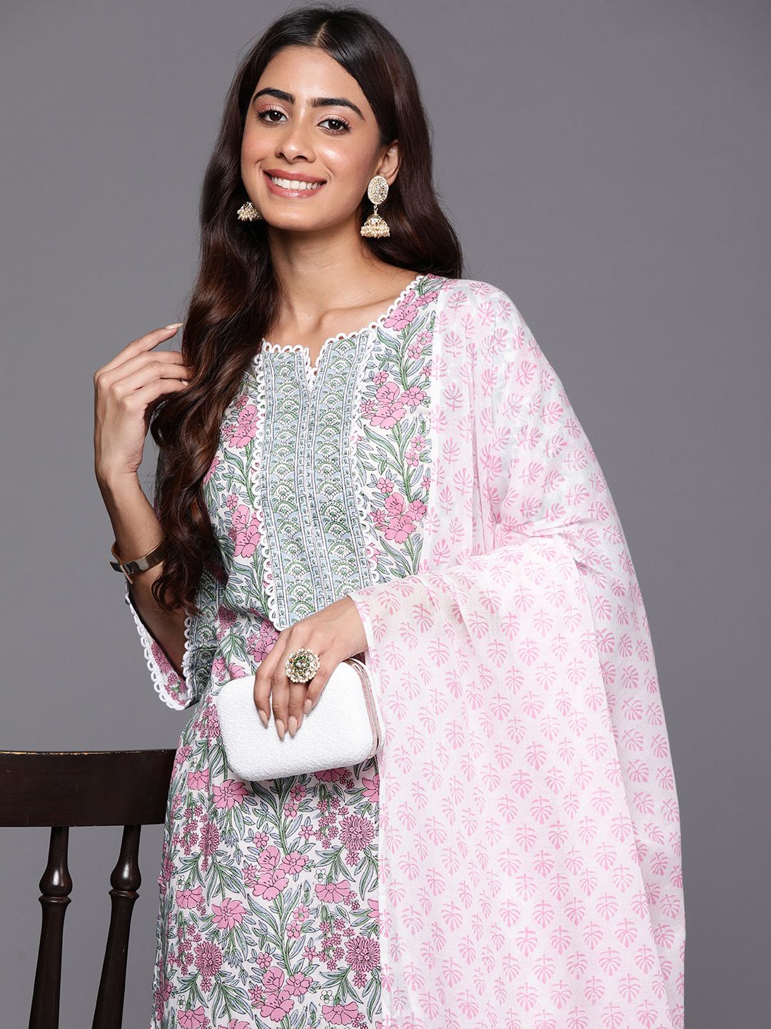 Libas Floral Printed Regular Pure Cotton Kurta with Palazzos & Dupatta