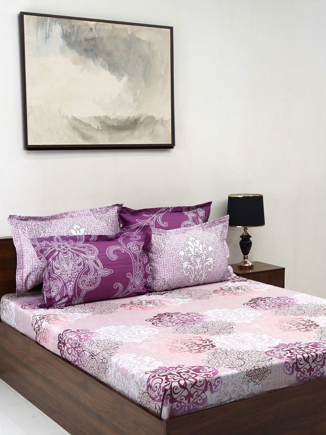BOMBAY DYEING Ethnicity Purple Floral Cotton 300 TC King Bedsheet Set 2.74 x 2.74 m