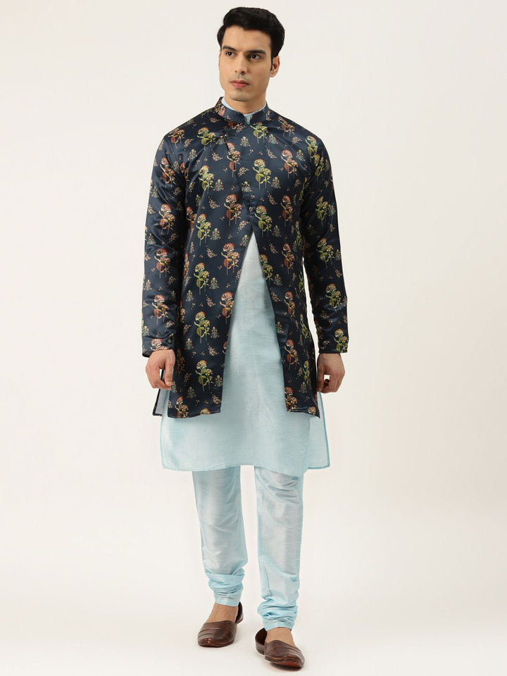 SOJANYA Men Blue Solid Kurta Set With Printed Jacket
