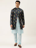 SOJANYA Men Blue Solid Kurta Set With Printed Jacket