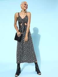 Berrylush Women Stylish Black Floral Sweetheart Neck Dress