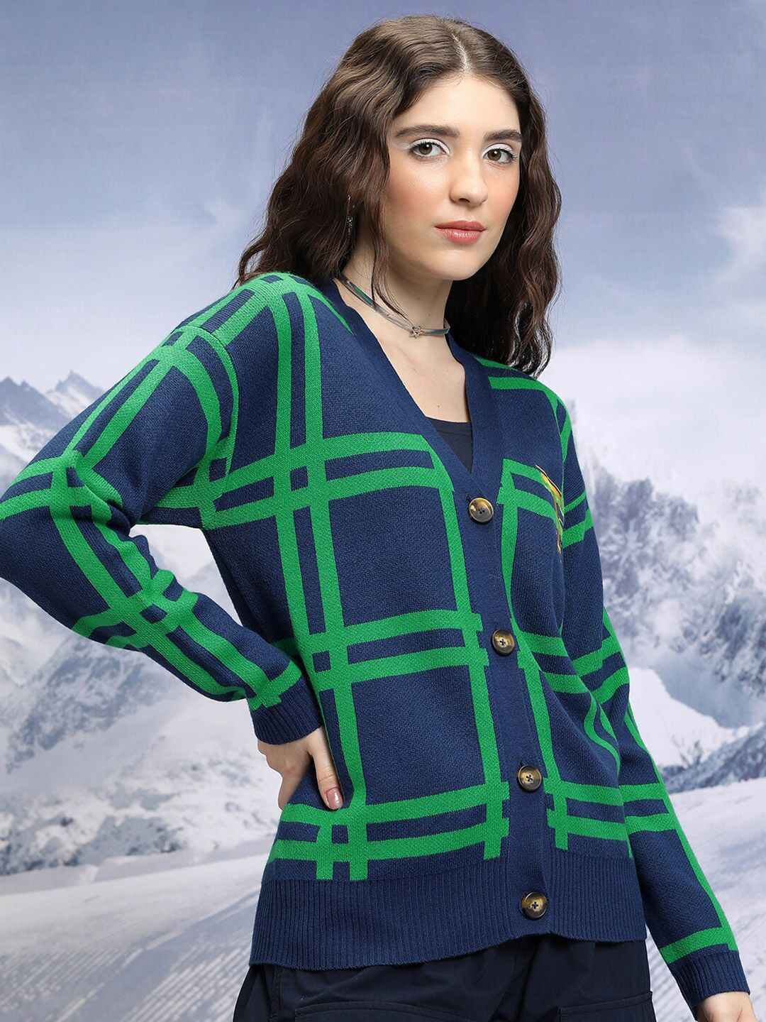 Tokyo Talkies Checked V-Neck Cardigan