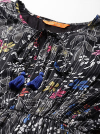 Indo Era Floral Print Flared Sleeves Gathered Or Pleated Georgette A-Line Dress