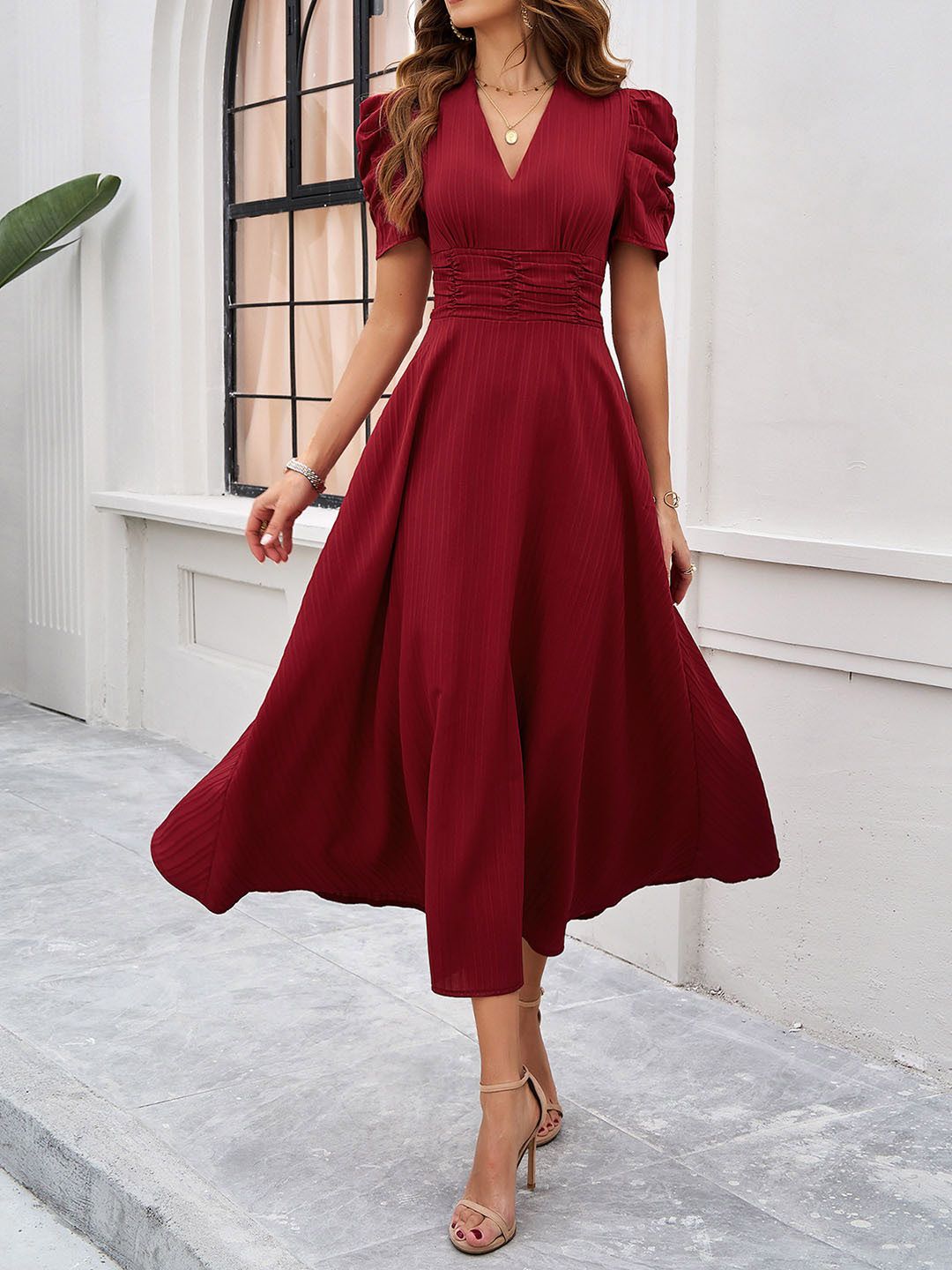 all about you Red V-Neck Puff Sleeve Gathered Fit & Flare Midi Dress