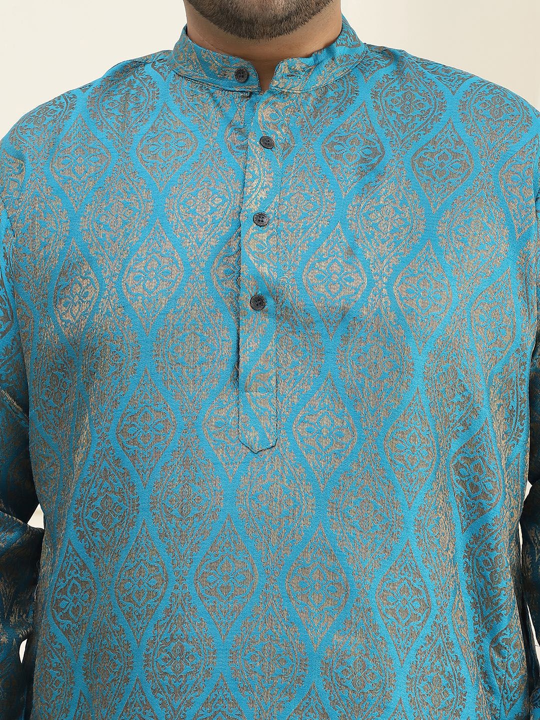 SOJANYA PLUS Men Teal Blue & Golden Ethnic Motifs Jacquard Kurta