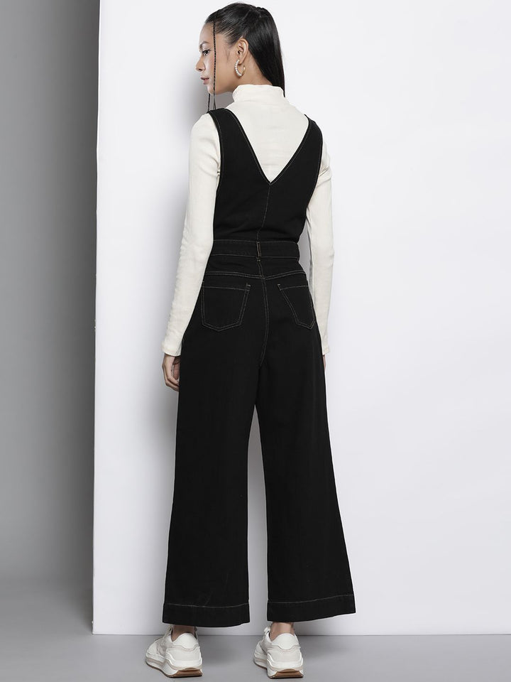 SASSAFRAS Black Deep V-Neck Cotton Denim Flared Leg Jumpsuit