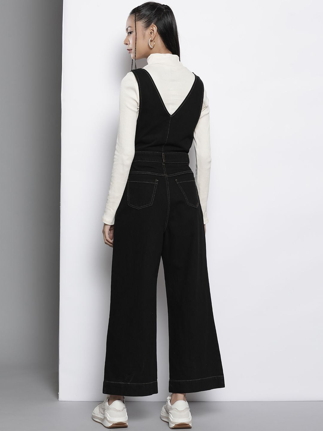 SASSAFRAS Black Deep V-Neck Cotton Denim Flared Leg Jumpsuit