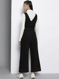 SASSAFRAS Black Deep V-Neck Cotton Denim Flared Leg Jumpsuit
