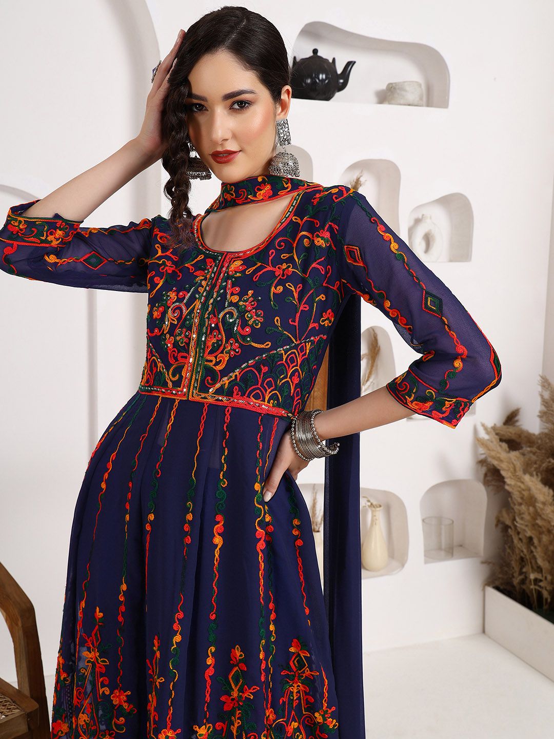 KALINI Georgette Chikankari Embroidery Anarkali Kurta With Dupatta