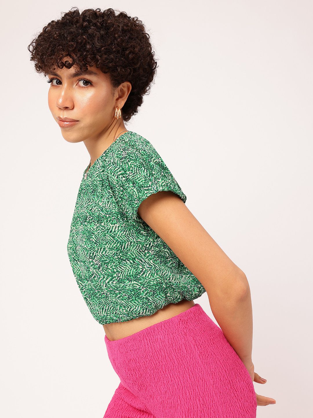 DressBerry Wanderlust Love Printed Extended Sleeves Cinched Waist Crop Top