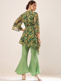 Antheaa Green Floral Printed Mandarin Collar Flared Sleeves Co-Ords