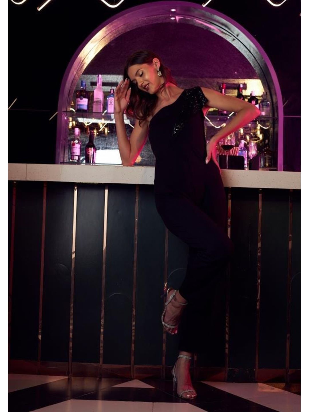 Athena Black One Shoulder Basic Jumpsuit with Embellished