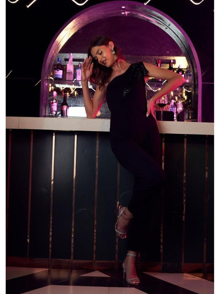 Athena Black One Shoulder Basic Jumpsuit with Embellished