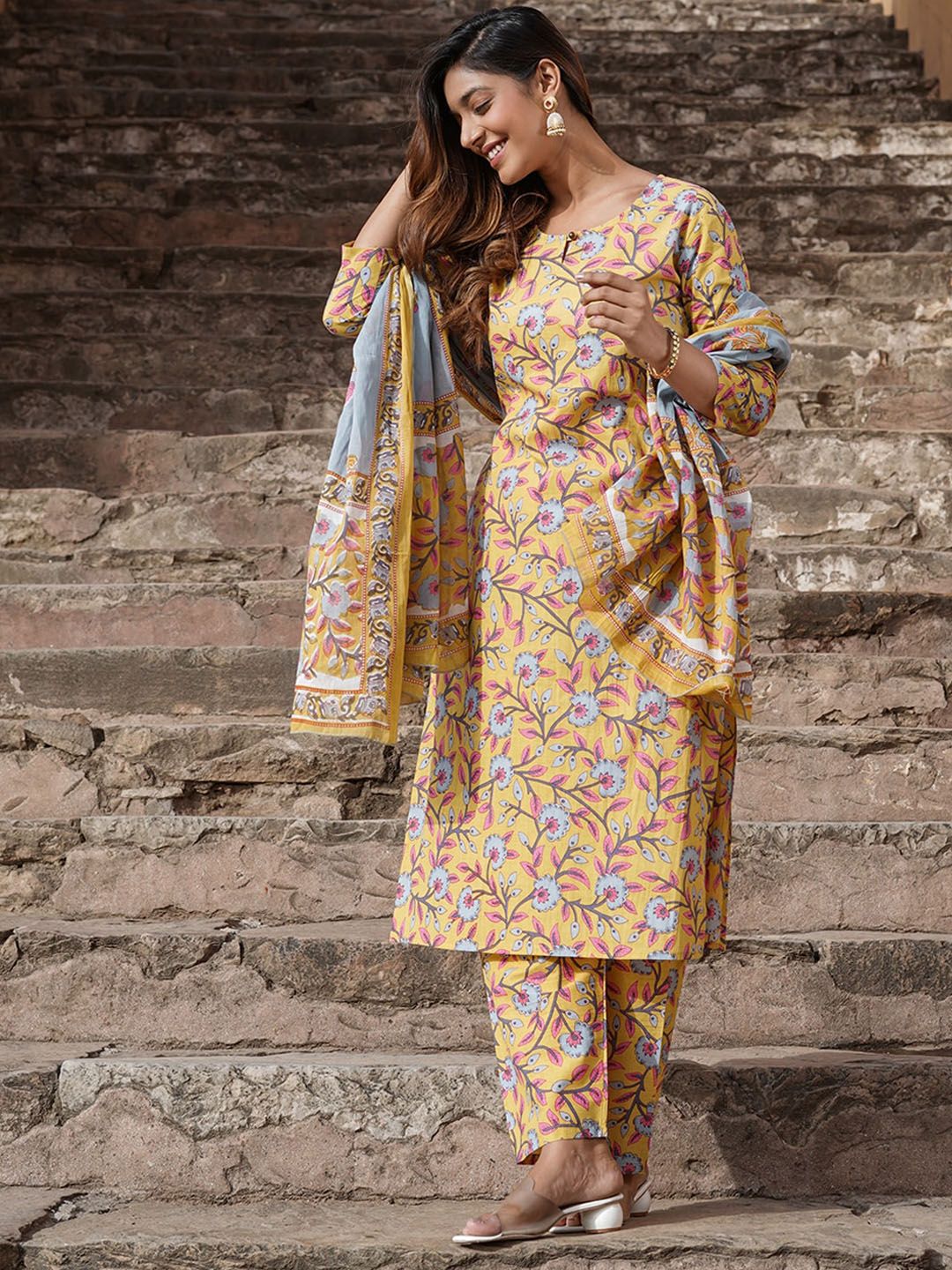 KALINI Floral Printed Keyhole Neck Pure Cotton Kurta with Trousers & Dupatta