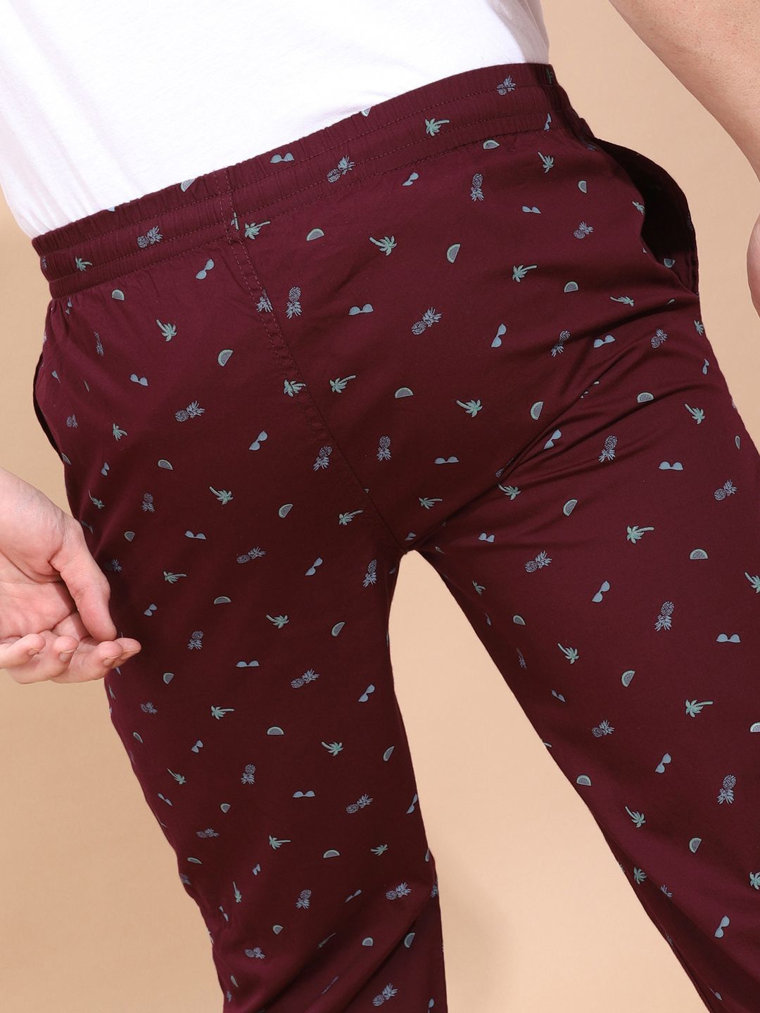 The Indian Garage Co Men's Burgundy and Blue Printed Pure Cotton Lounge Pants
