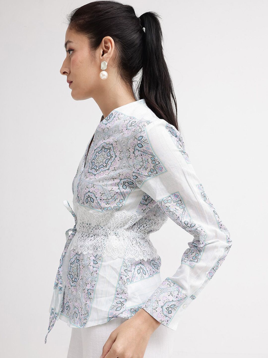 RAREISM Ethnic Motifs Printed Mandarin Collar Cotton Cinched Waist Top