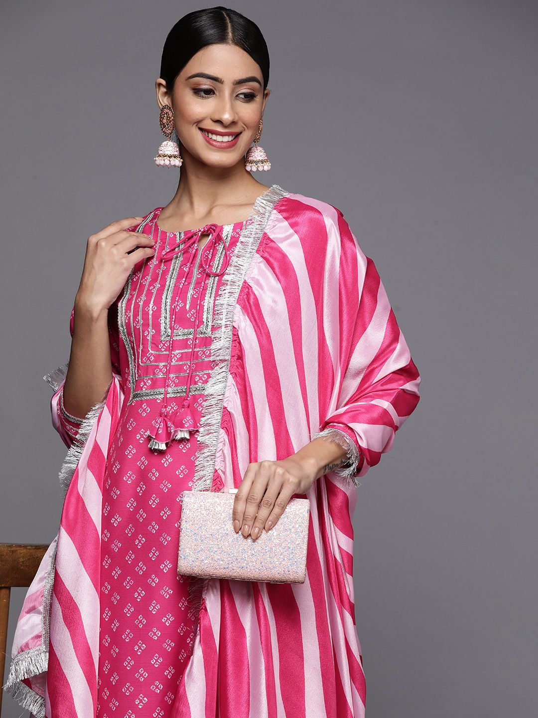 Varanga Women Pink Bandhani Printed Kurta with Trousers & With Dupatta
