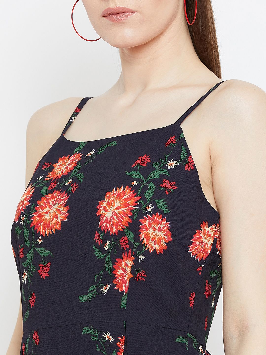 Berrylush Women Navy Blue & Orange Floral Printed Fit and Flare Dress