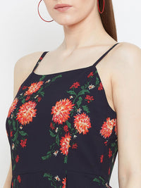 Berrylush Women Navy Blue & Orange Floral Printed Fit and Flare Dress