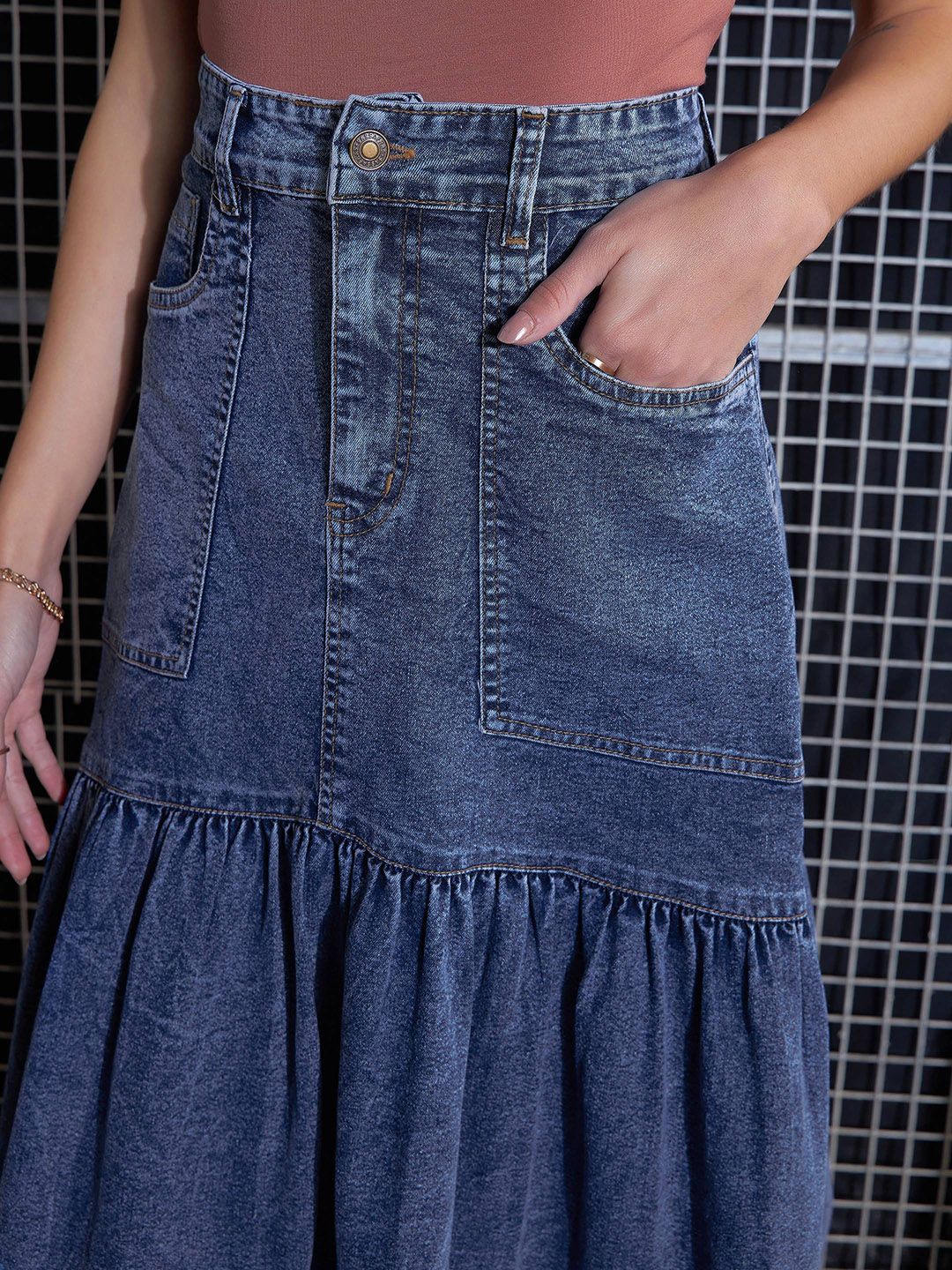 SASSAFRAS Denim Midi Flared Skirt