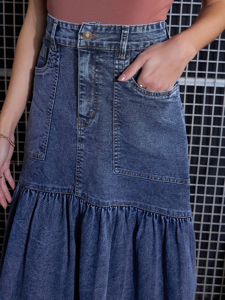 SASSAFRAS Denim Midi Flared Skirt