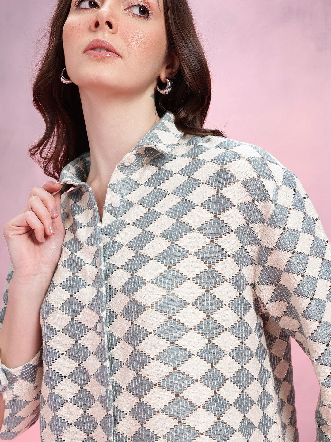 DressBerry Geometric Self-Design Drop-Sleeves Crochet Semi-Sheer Casual Shirt