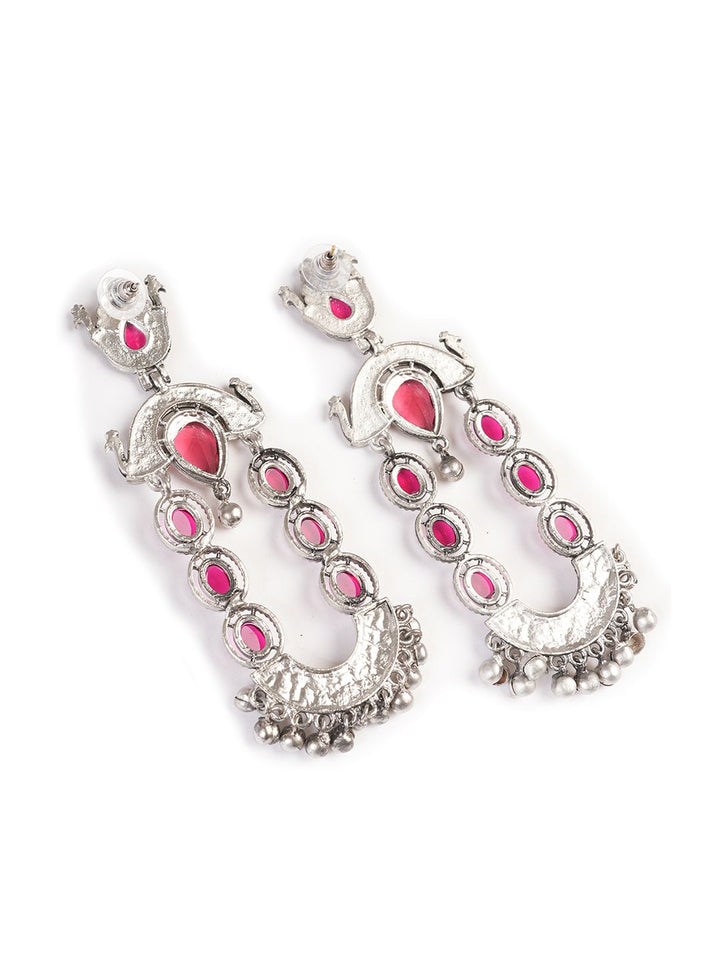 PANASH Silver-Plated Stones Studded And Beaded Contemporary Shaped Oxidized Drop Earrings