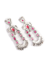 PANASH Silver-Plated Stones Studded And Beaded Contemporary Shaped Oxidized Drop Earrings