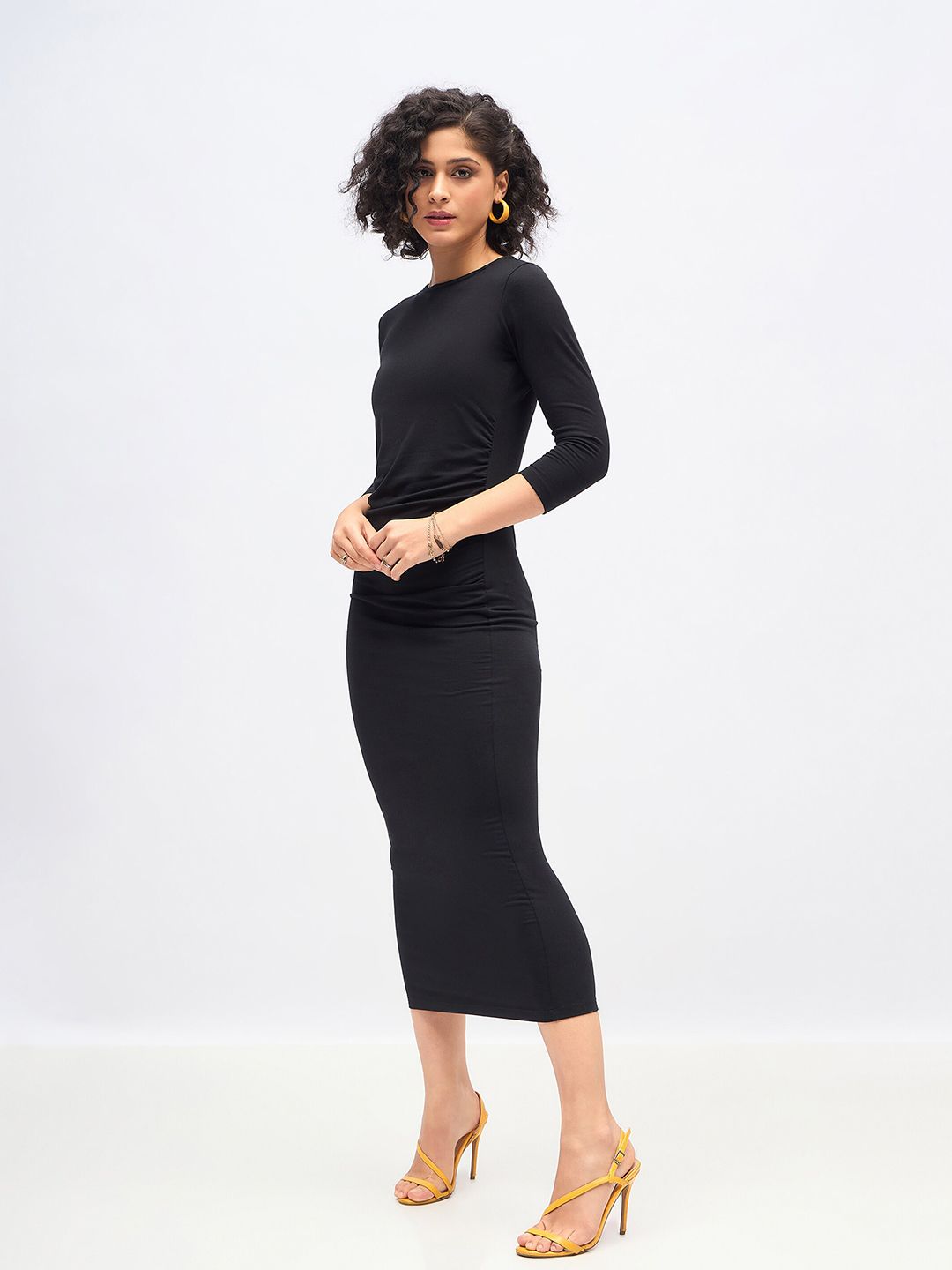SASSAFRAS Black Waist Ruched Bodycon Midi Dress