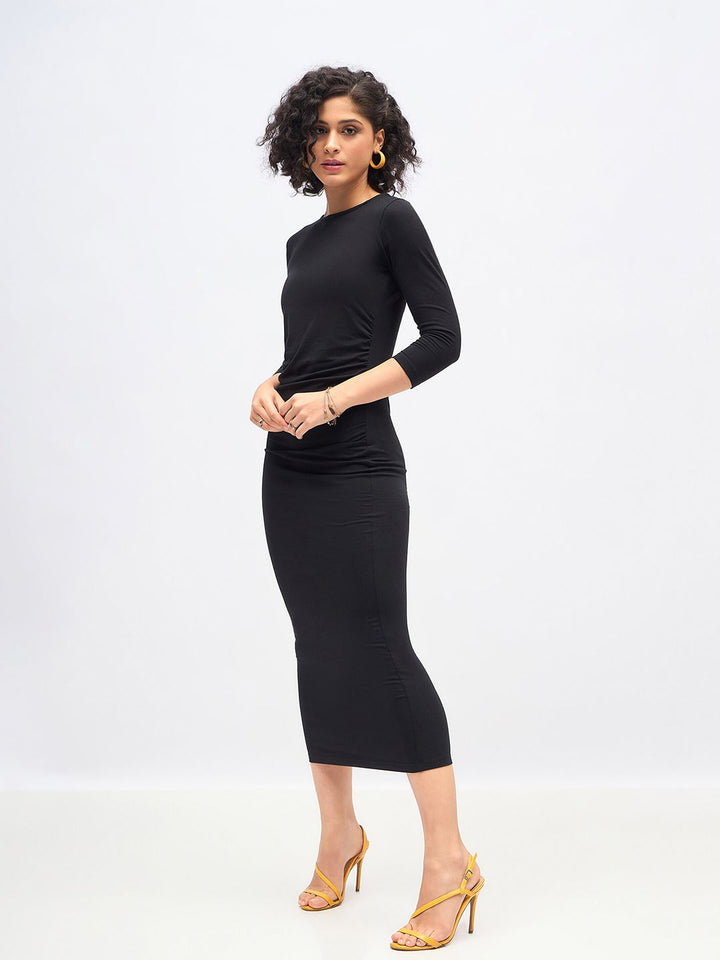 SASSAFRAS Black Waist Ruched Bodycon Midi Dress