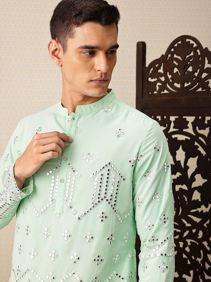 House of Pataudi Embroidered Mandarin Collar Mirror Work Jashn Kurta