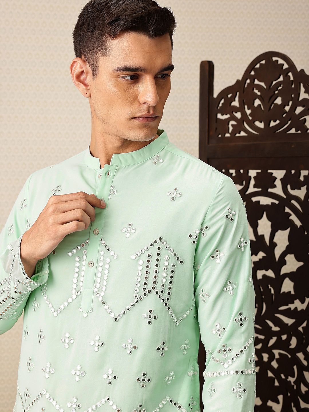 House of Pataudi Embroidered Mandarin Collar Mirror Work Jashn Kurta