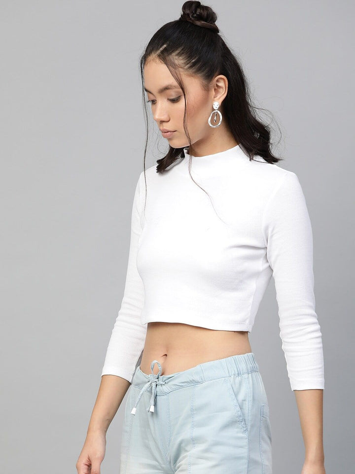 SASSAFRAS White Ribbed Cropped Top With Turtle Neck