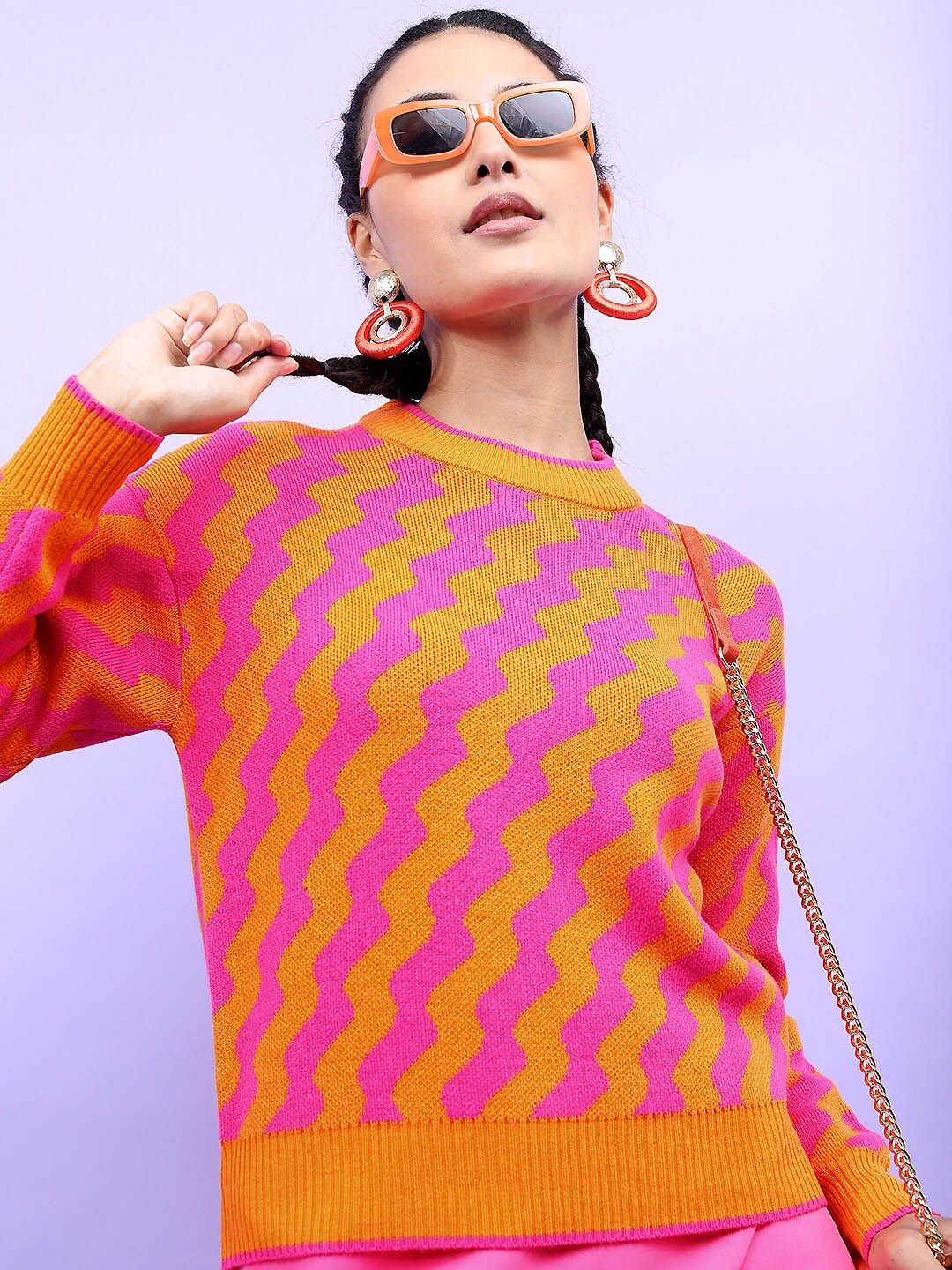 Tokyo Talkies Women Orange & Pink Jacquard Pullover Sweater