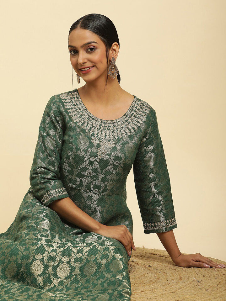 W Green Floral Woven Design Round Neck Gathered Fit & Flare Maxi Ethnic Dress
